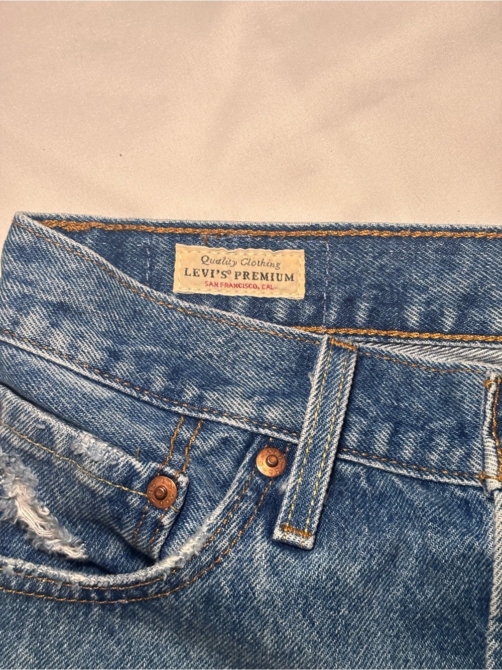 Levi's Dark Blue Denim Frayed Cutoff Shorts - Picture 2 of 7